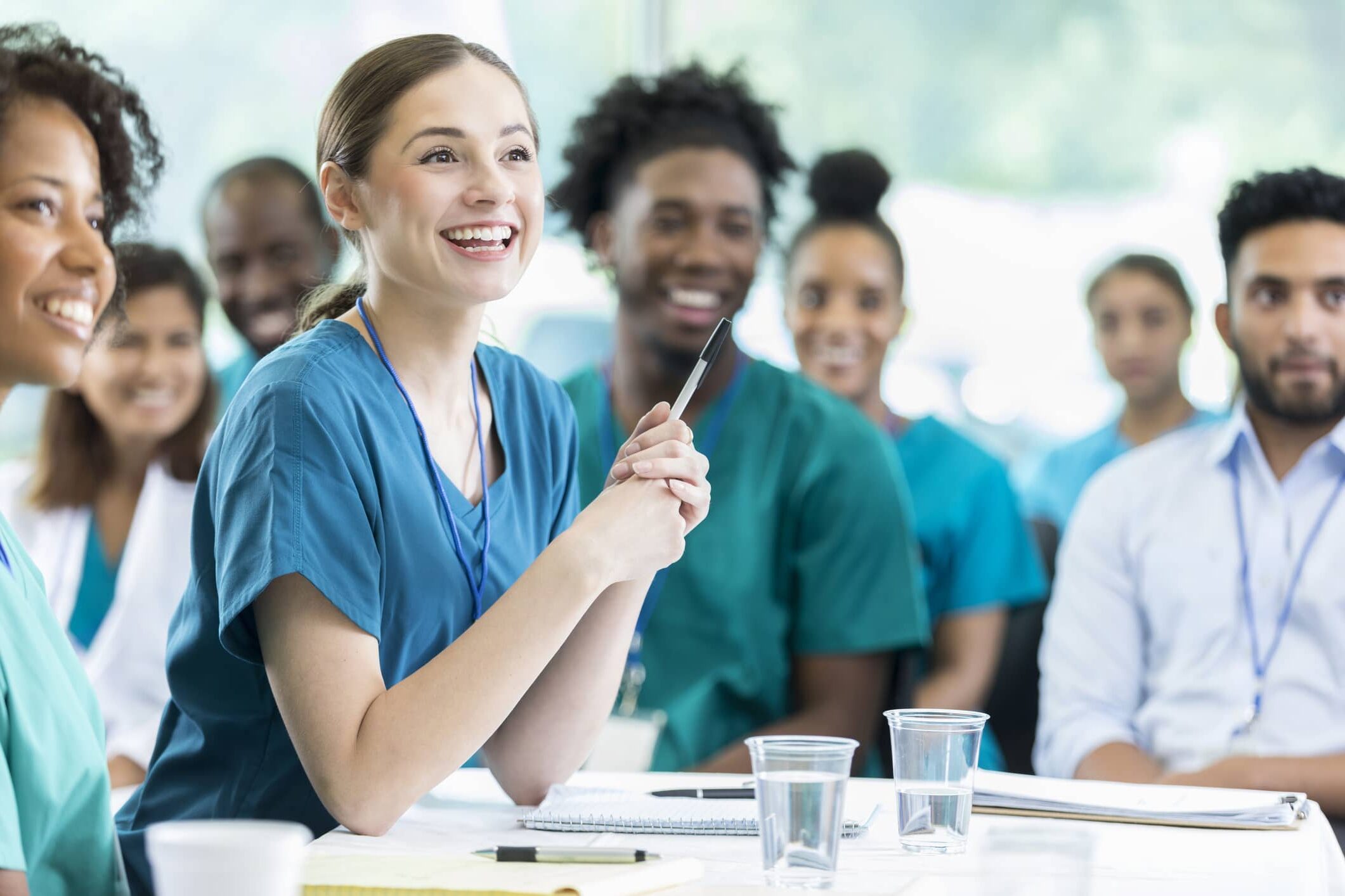 A group of diverse healthcare students in classroom